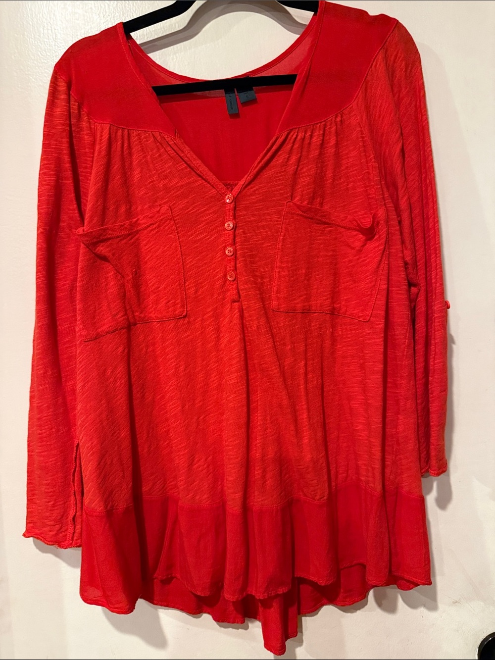 Anthropologie Red V-Neck Button Front Tunic